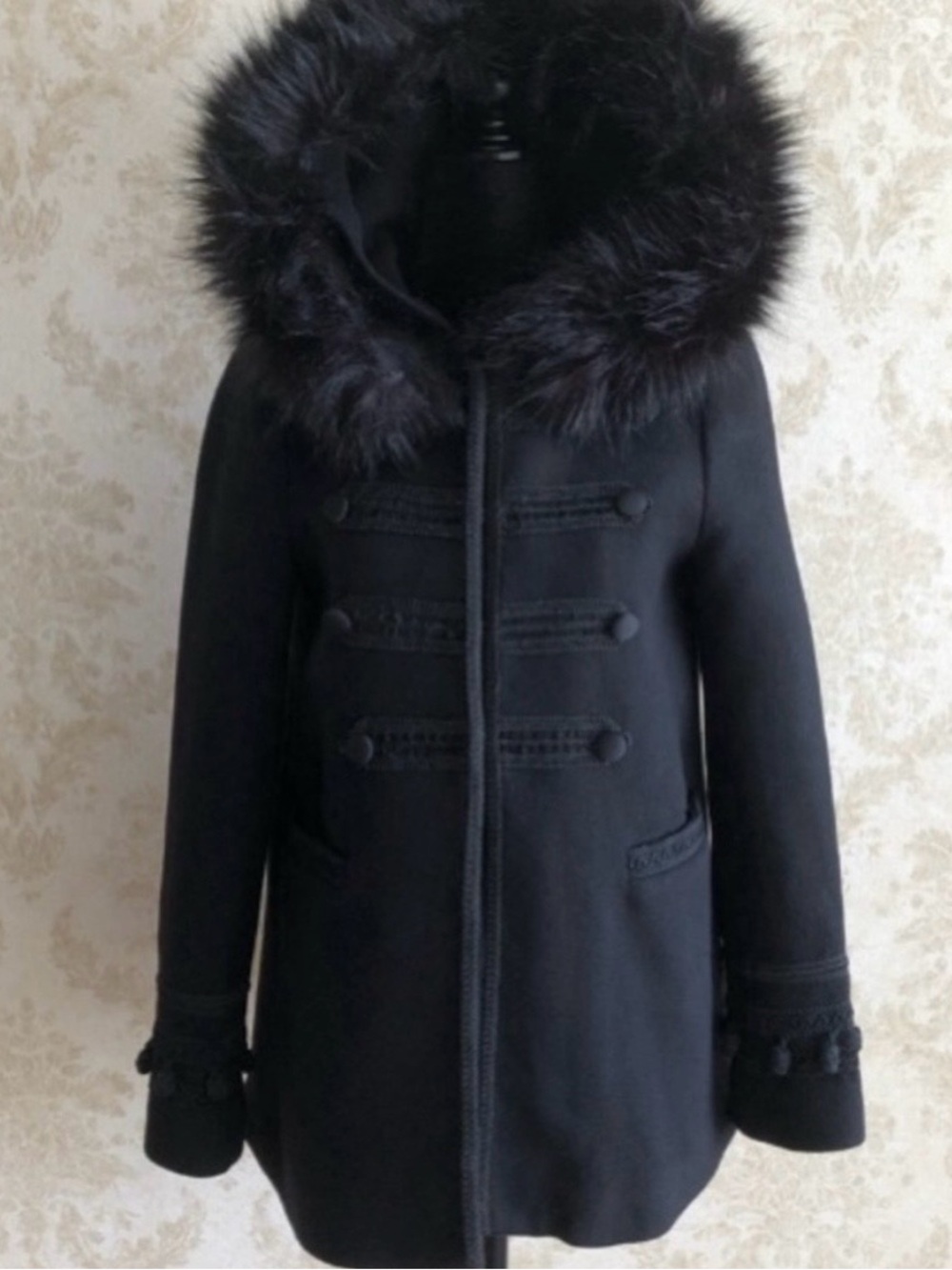 Zara Black Hooded Pea Coat with Faux-Fur Trim